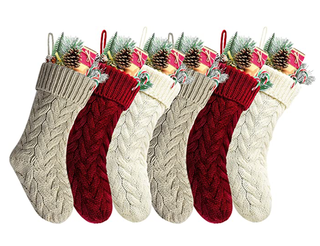 Burgundy and Ivory Knit Christmas Stockings