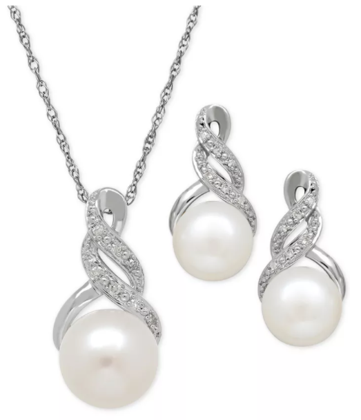 Cultured Freshwater Pearl (8 & 9mm) and Diamond Accent Pendant Necklace and Earrings Set