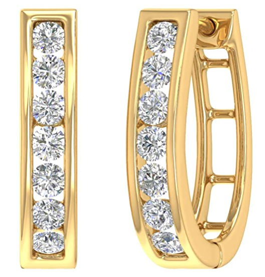 Finerock 1 Carat Channel Set Diamond Women's Hoop Earrings in 14K Solid Gold