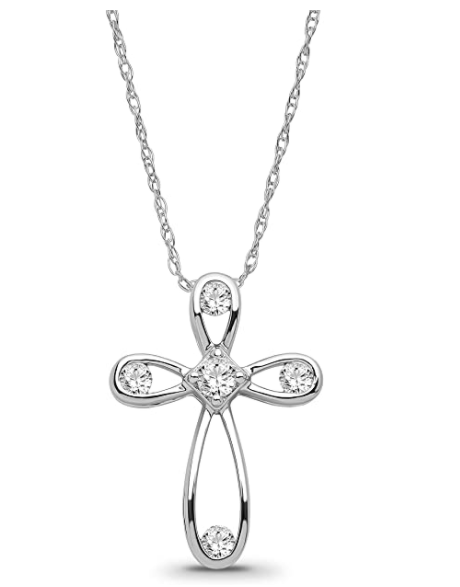 Araiya 10K White Gold Diamond Cross Pendant with Sterling Silver Chain Necklace