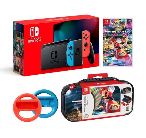 Nintendo Switch Super Mario Kart 8 Deluxe Bundle: Red and Blue Joy-Con Improved Battery Life 32GB Console,Red and Blue Joy-Con Wheel, Super Mario Kart 8 Deluxe Game Disc and Travel Case