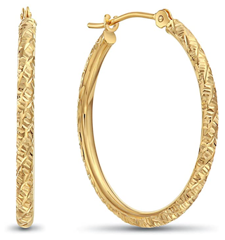 14k Gold Hand Engraved Diamond-cut Round Hoop Earrings