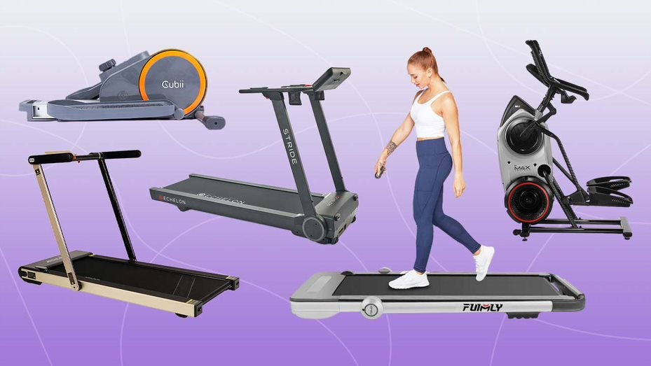 Several compact treadmills and ellipticals on a purple background