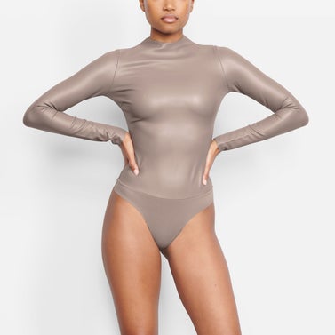 Faux Leather Mock Neck Body Suit in Cement