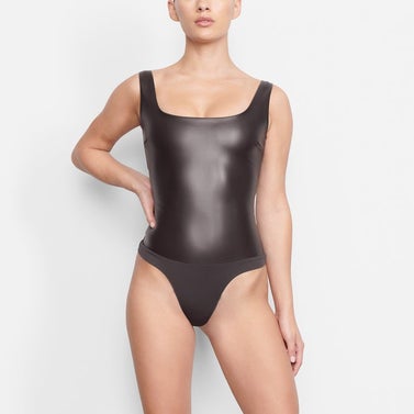 Faux Leather Scoop Bodysuit in Soot