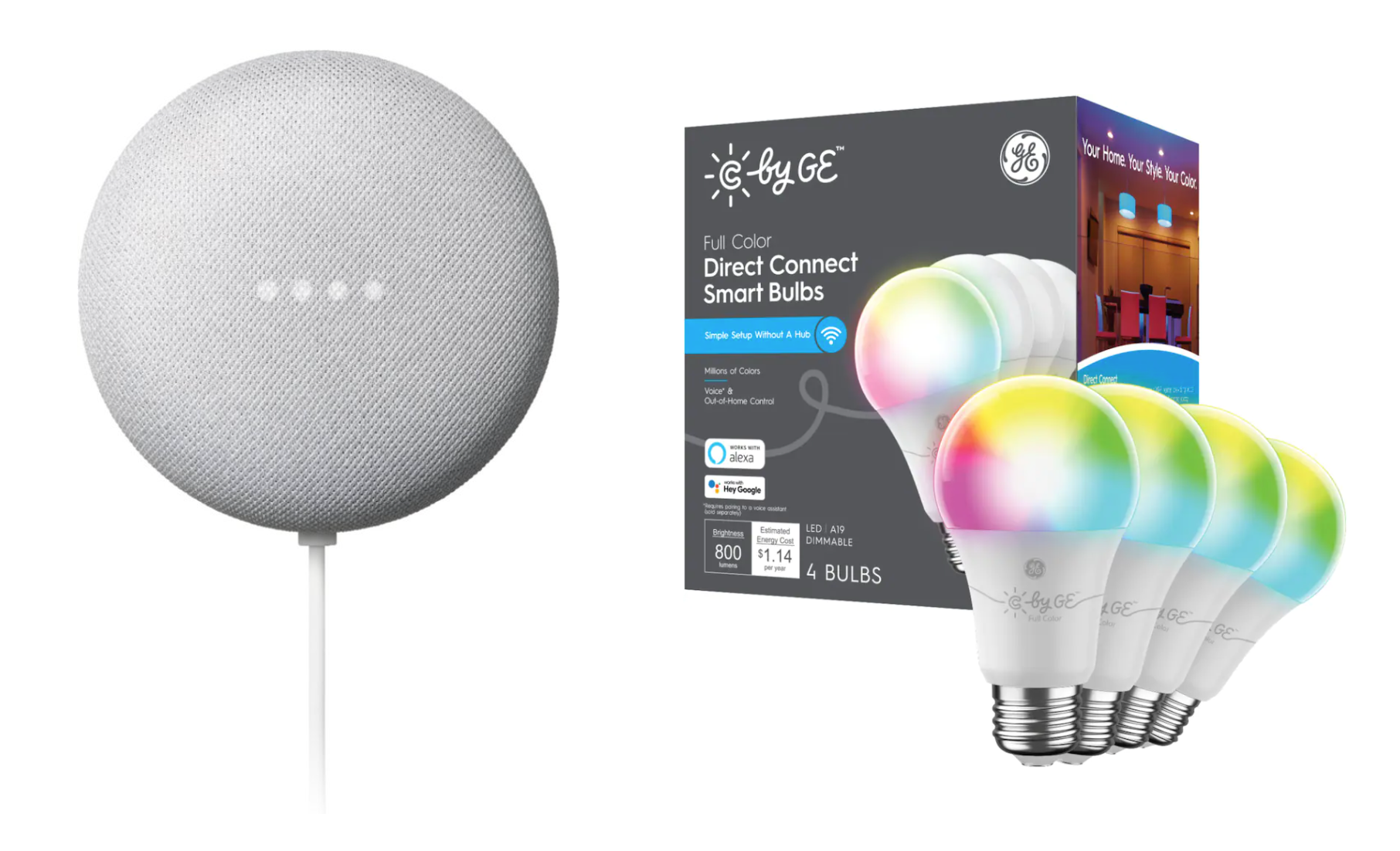 Google Nest Mini and GE Cync Color Smart Bulb Bundle 
