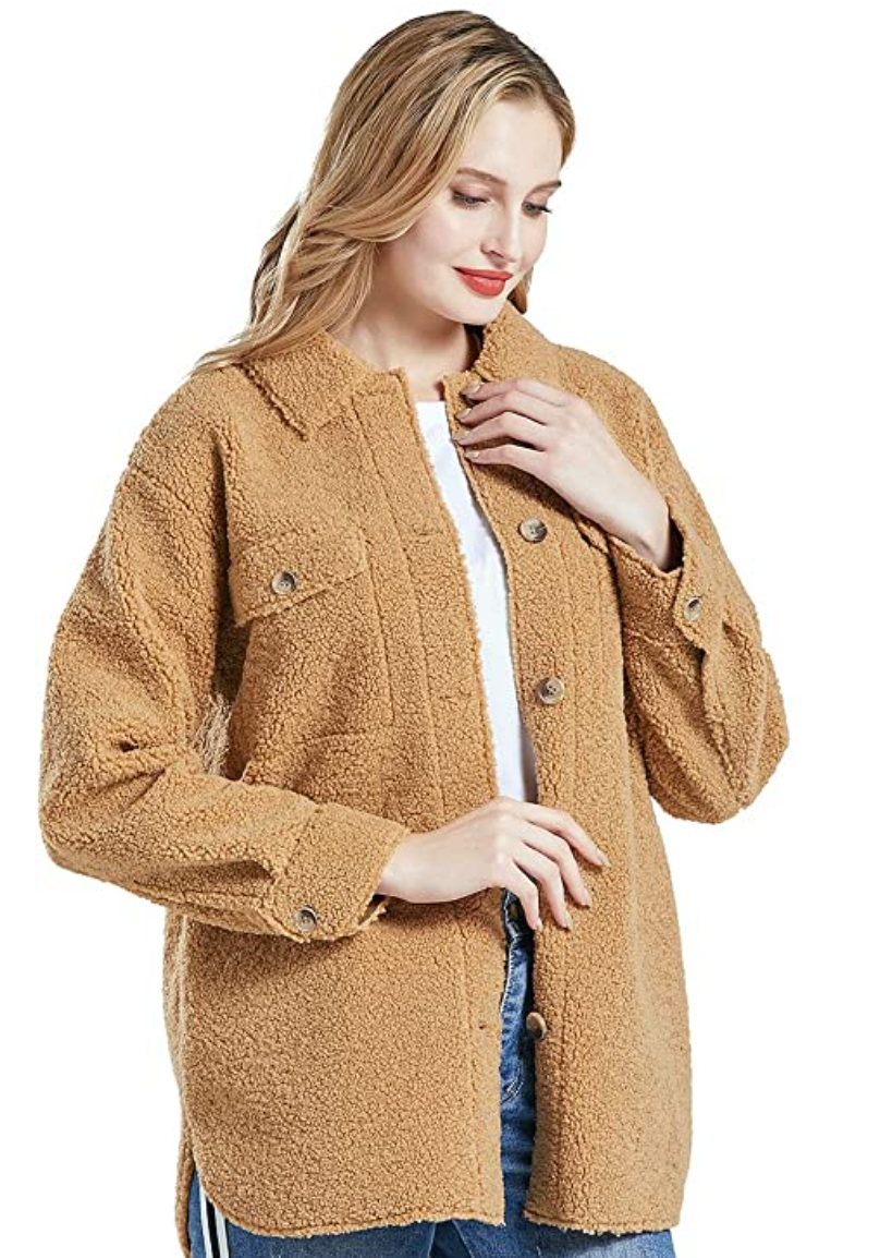 2021 New Women's Casual Oversized Button Down Sherpa Shirt Jacket Coat Shacket Jacket