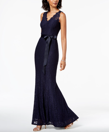 Adrianna Papell Lace V-Neck Satin Sash Gown
