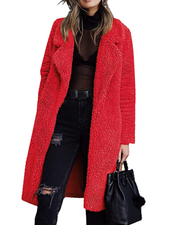 Fuzzy Fleece Open Front Faux Fur Jacket in Red