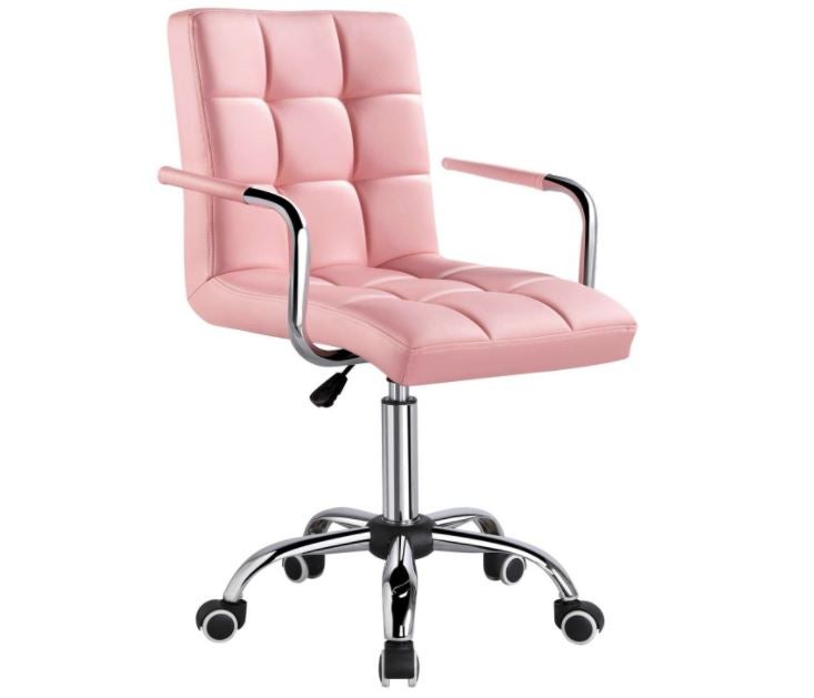 Pink Leather Desk Chair with Wheels and Armrests