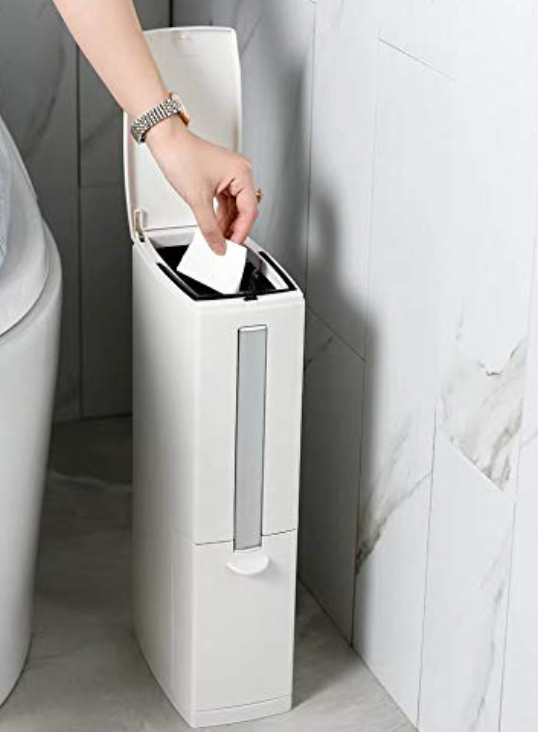 Cq acrylic Slim Plastic Trash Can 1.3 Gallon, Trash can with Toilet Brush Holder