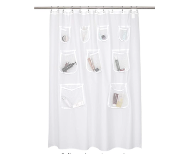 Waterproof Fabric Shower Curtain or Liner with 9 Mesh Pockets