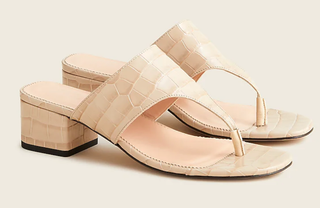 Wide-Strap Heeled Thongs in Croc-Embossed Leather