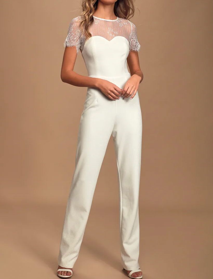 Take My Heart White Lace Short Sleeve Jumpsuit