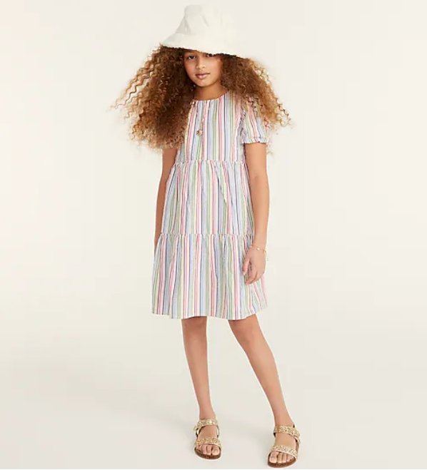 Girls' Puff-sleeve Rainbow Seersucker Dress 