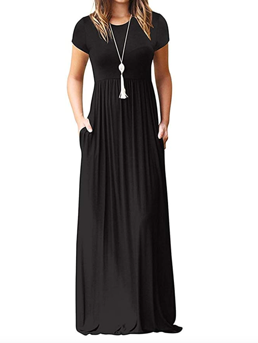 Short Sleeve Loose Plain Casual Long Maxi Dresses with Pockets