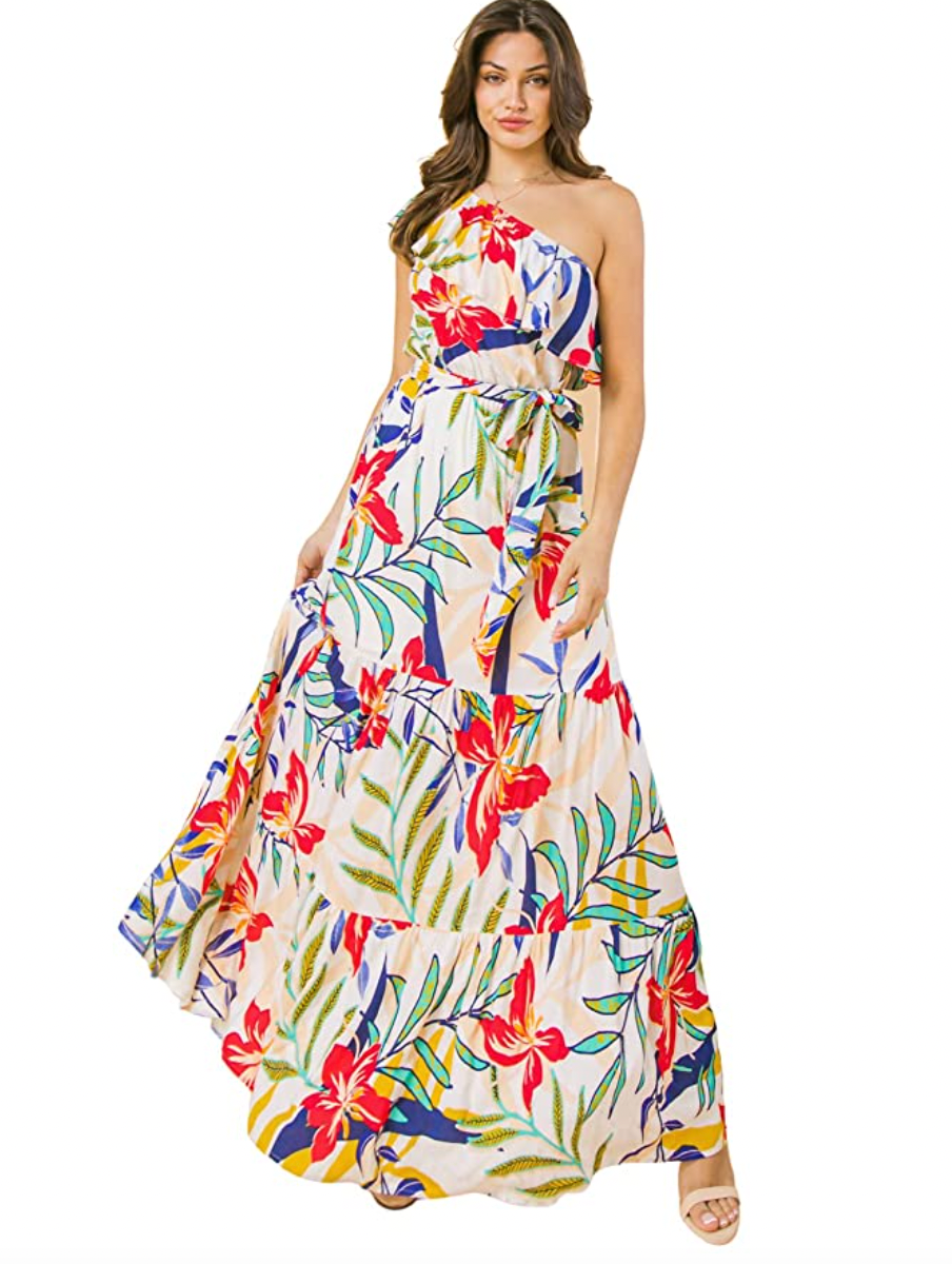 Off Shoulder Ethnic Floral Print Sundress with Waist Bow Tie