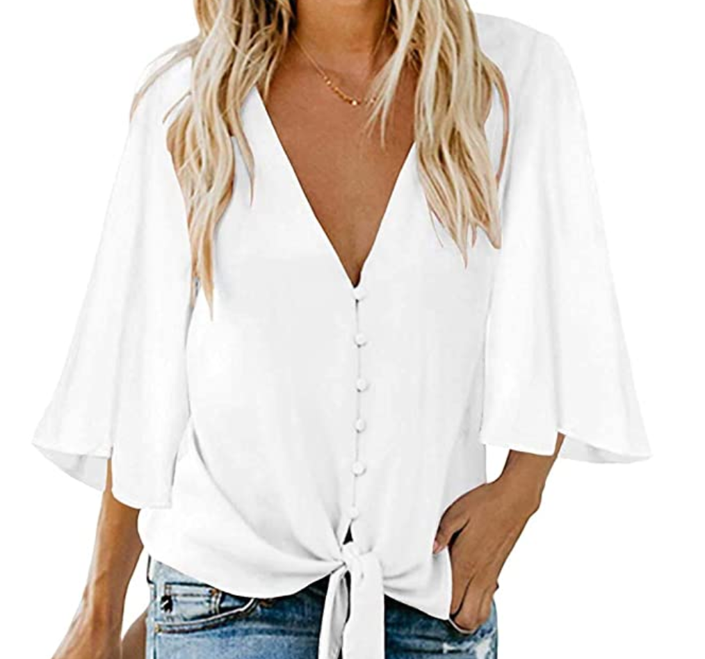 Button Down V Neck Tie Knot Front Top