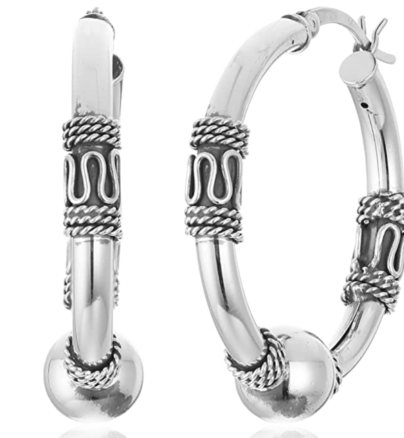 Sterling Silver 29mm Balinese Beaded Hoop Earrings for Women