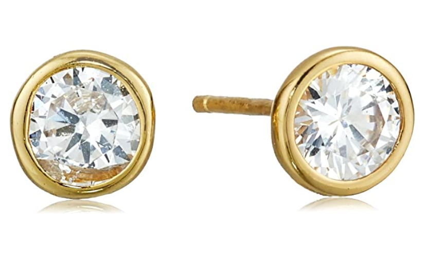 Gold or Rhodium Plated Sterling Silver AAA Cubic Zirconia Bezel Stud Earrings