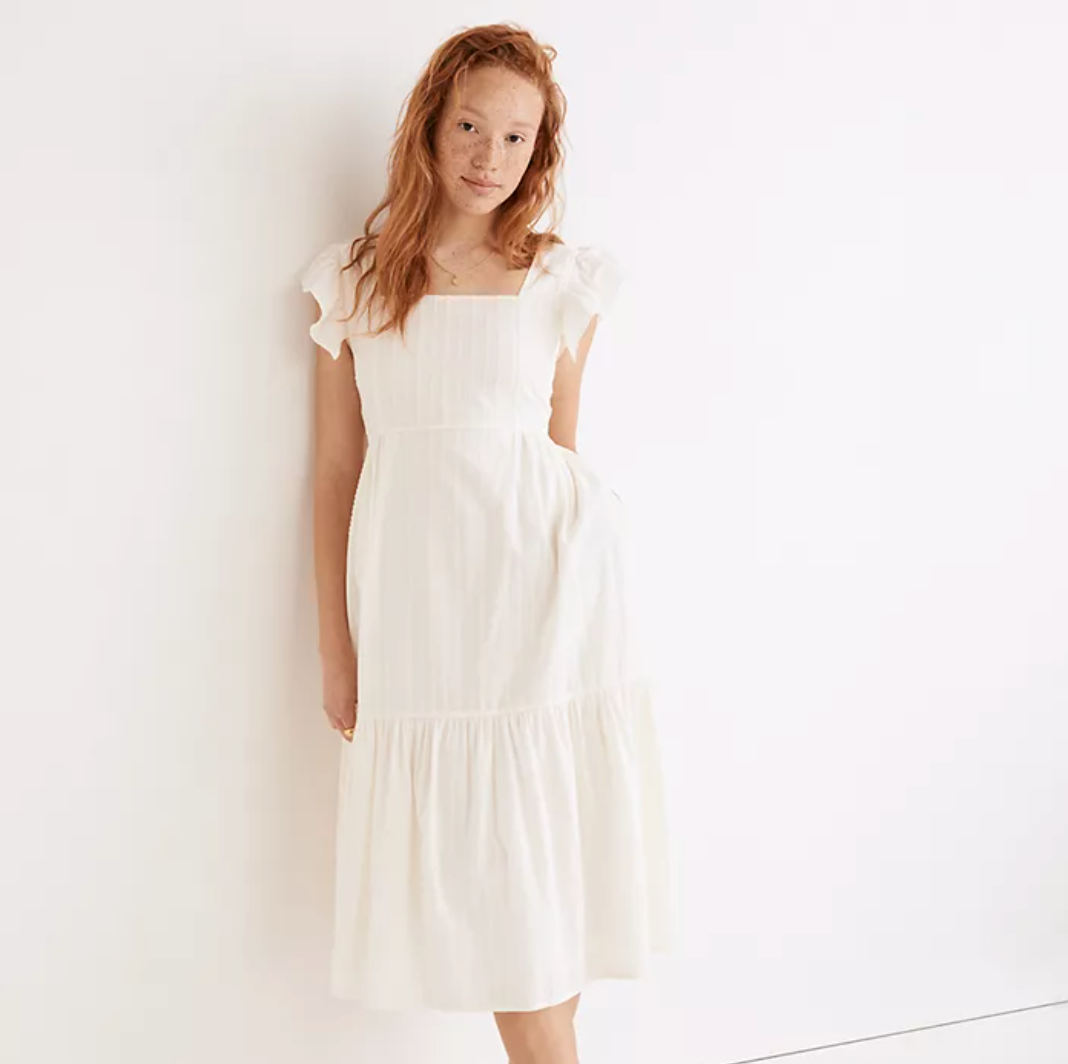 Ruffle-Strap Tiered Midi Dress in Textural Stripe