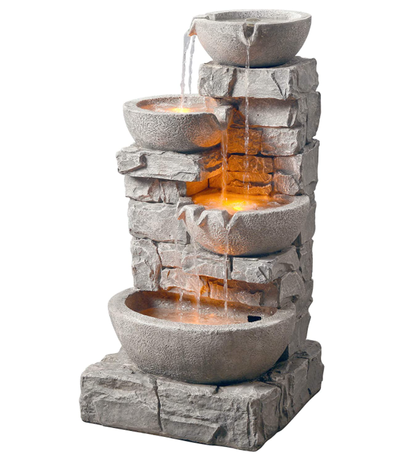 Teamson Home Water 4 Tiered Bowls Floor Stacked Stone Waterfall Fountain