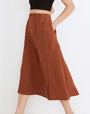 Linen-Blend Side-Button Midi Skirt