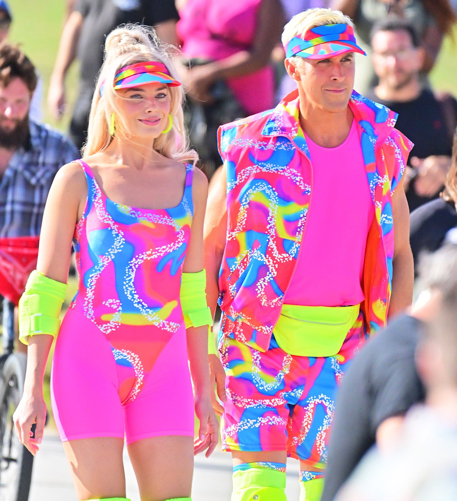Margot Robbie Ryan Gosling Don Neon Attire On 'Barbie' Set PureWow ...