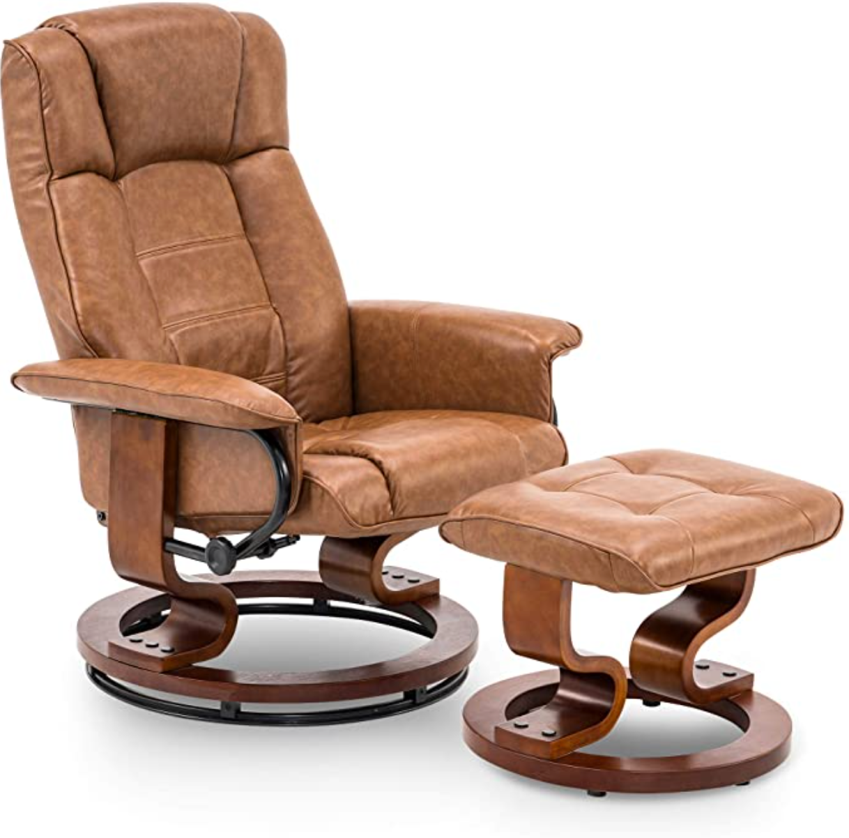 Mcombo Swiveling Recliner Chair with Wrapped Wood Base and Matching Ottoman Footrest