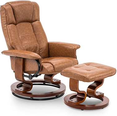 Mcombo Swiveling Recliner Chair with Wrapped Wood Base and Matching Ottoman