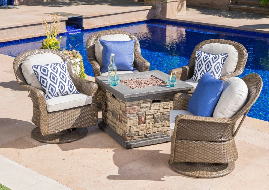 Christopher Knight Alhambra 5 Piece Wicker Swivel Chairs with Fire Pit
