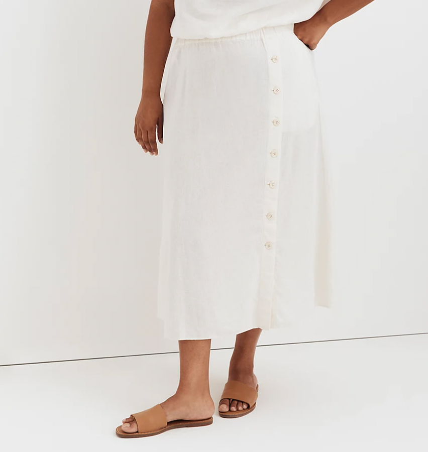 Linen-Blend Side-Button Midi Skirt
