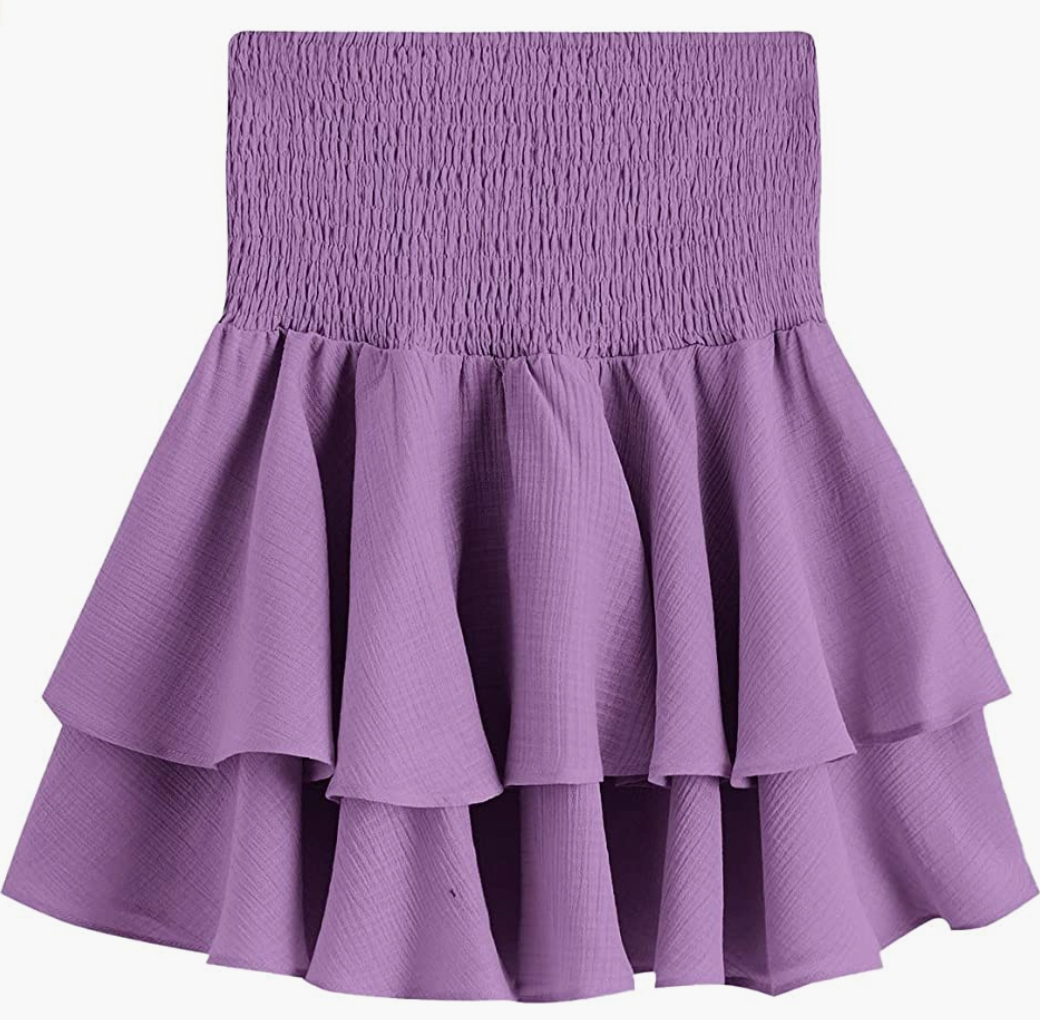 SheIn Women's Solid Shirred High Waist Layered Ruffle Hem Flared Mini Skirt