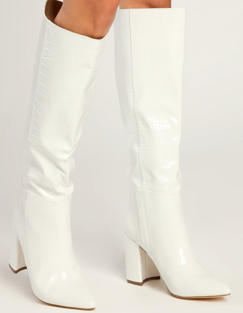 Lulu's Katari White Crocodile-Embossed Pointed-Toe Knee High Boots