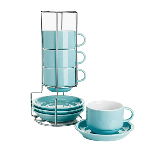 Sweese Porcelain Stackable Cappuccino Cups with Saucers and Metal Stand