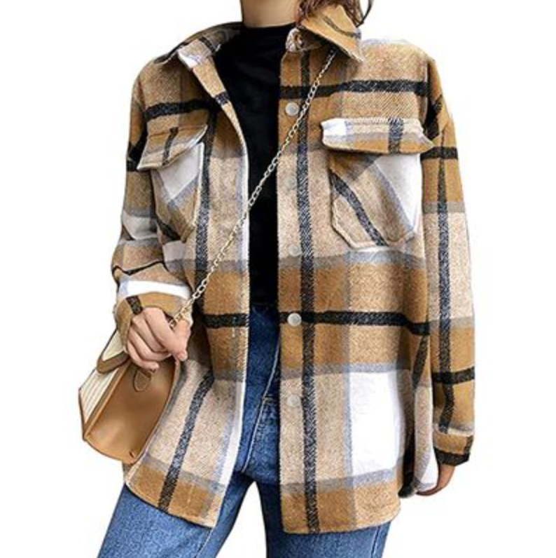 Tanming Womens Brushed Flannel Plaid Lapel Button Short Pocketed Shacket