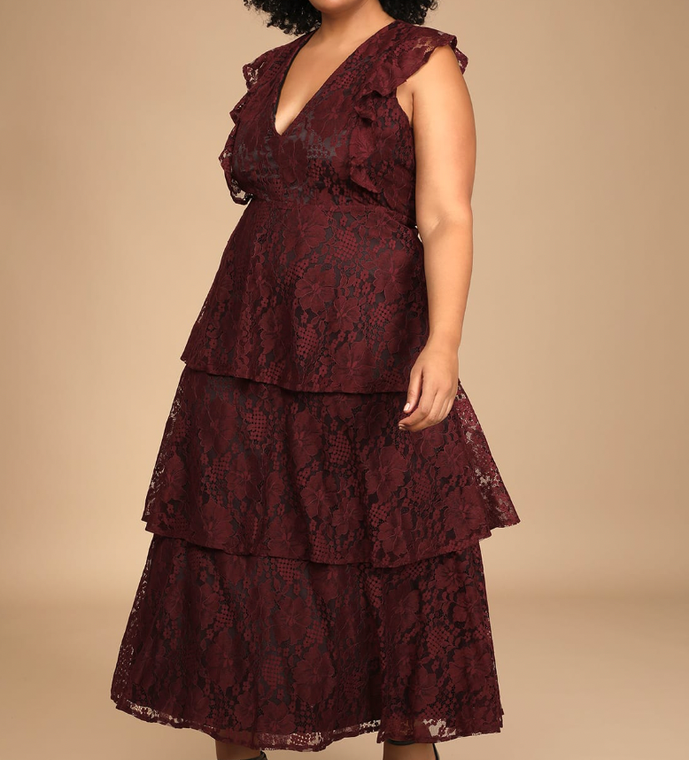 Molinetto Burgundy Lace Ruffled Tiered Sleeveless Maxi Dress