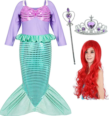 Little Mermaid Costume with Dress, Wig, Crown, and Wand