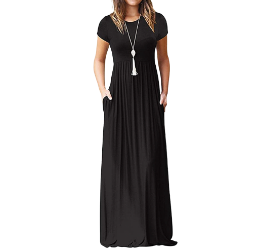 Short Sleeve Loose Plain Casual Long Maxi Dresses with Pockets