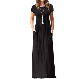 Auselily Short Sleeve Loose Plain Casual Long Maxi Dresses with Pockets