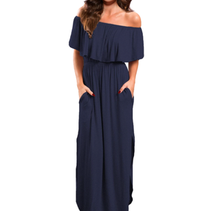 Off Shoulder Casual Long Ruffle Beach Maxi Dress with Pockets