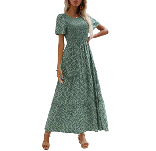 Casual Short Sleeve Bohemian Floral Tiered Maxi Dress
