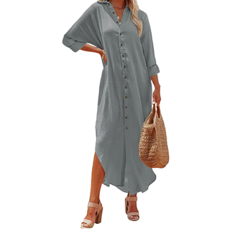 Button Down Front Long Sleeve Maxi Dress