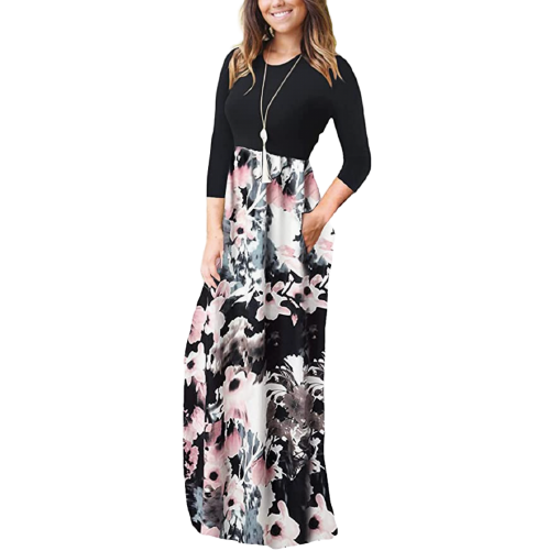 Floral Print Long Maxi Dress with Pockets