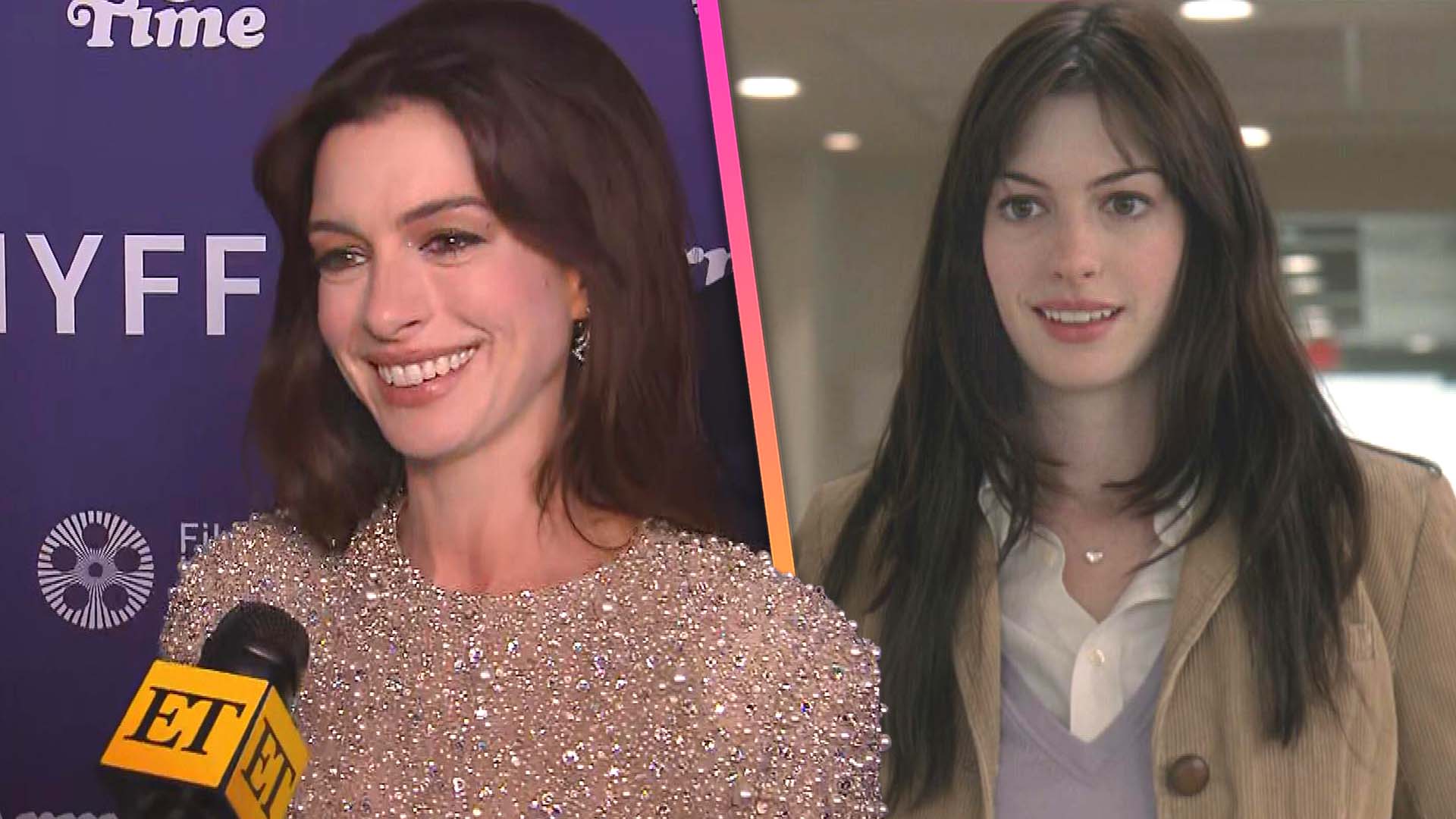 Anne Hathaway, dressed like her 'The Devil Wears Prada' character, sits  next to Anna Wintour at NYFW