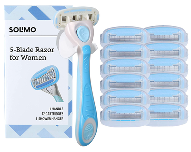 Solimo 5-Blade Razor for Women, 12 Cartridges & Shower Hanger