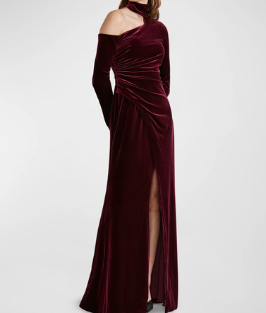 Zac Posen Asymmetric Long-Sleeve Mock-Neck Velvet Dress