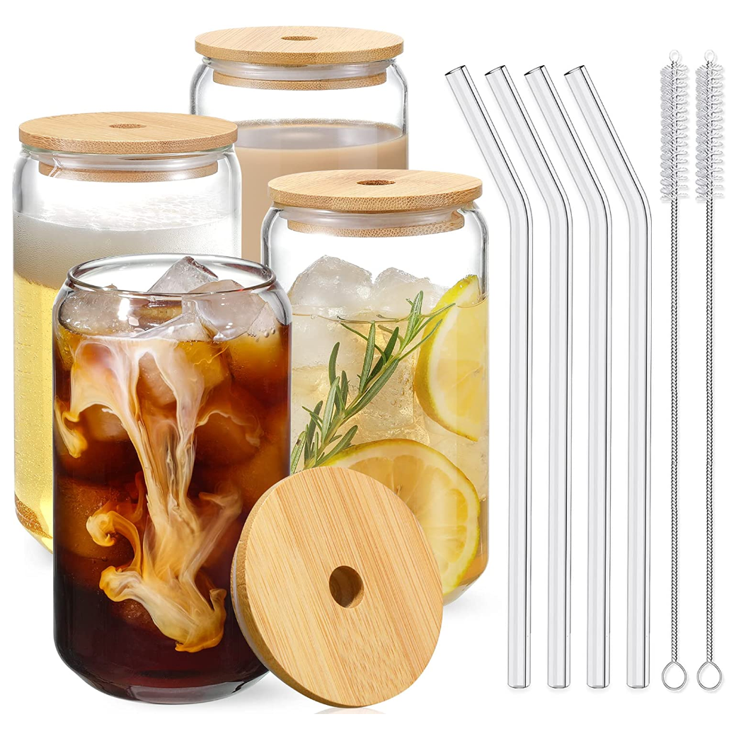 Netany Drinking Glasses with Bamboo Lids and Glass Straw