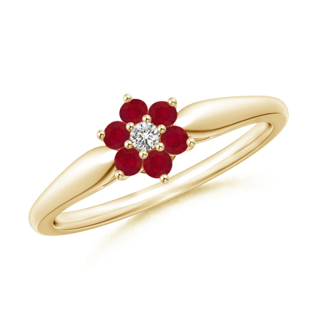 Angara Classic Six Petal Ruby and Diamond Flower Ring