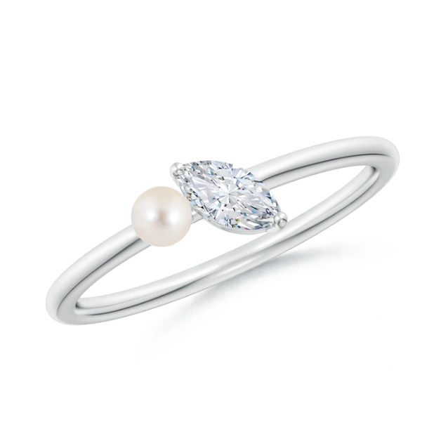 Angara Freshwater Pearl & Tilted Marquise Diamond 2-Stone Grande Engagement Ring